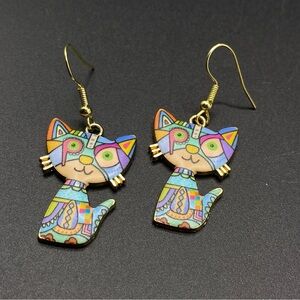 Cat Lady Earrings Whimsical Boho Patchwork Colorful Pierced Dangle Gold Tone NEW